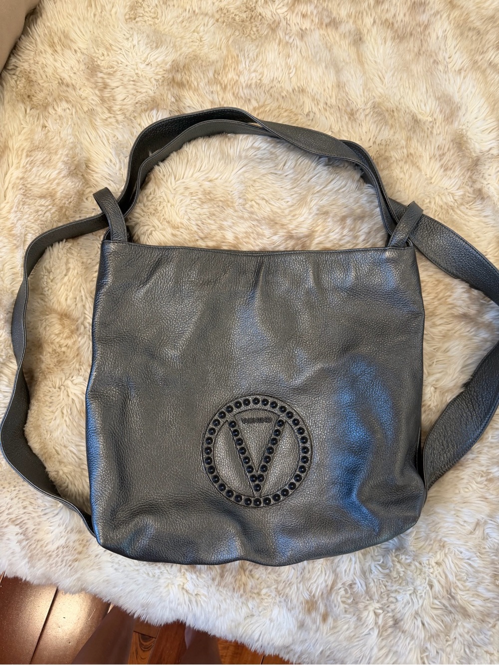 Valentino By Mario Valentino Black Leather Studded Logo Shoulder Tote